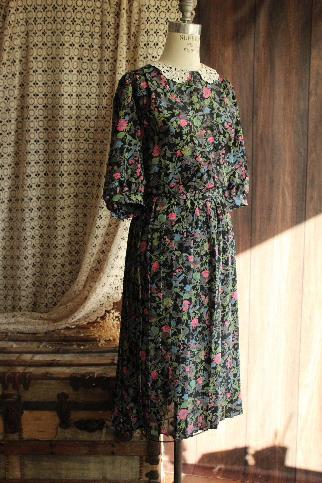 Vintage 1980's Dress with Belt in a Black Floral Print
