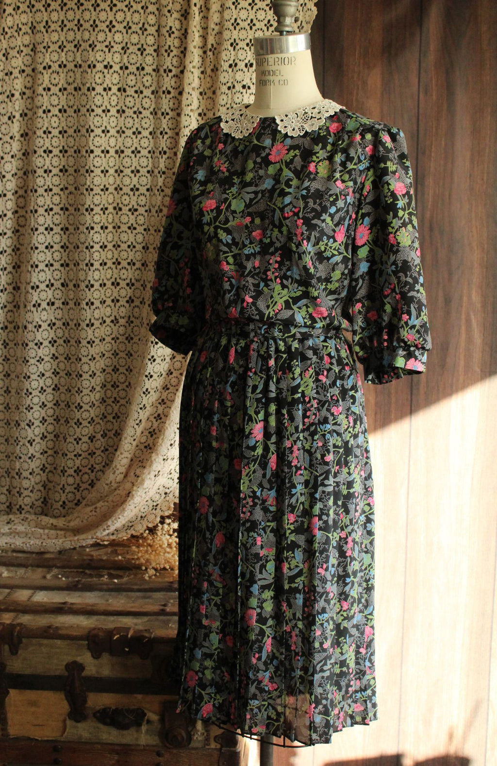Vintage 1980's Dress with Belt in a Black Floral Print
