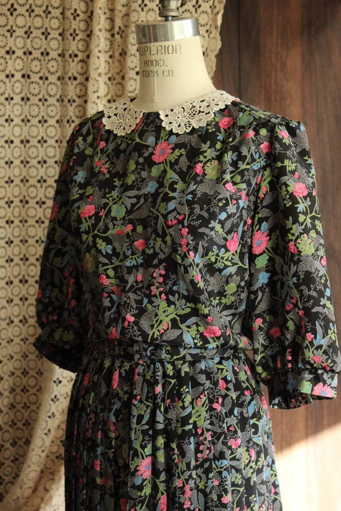 Vintage 1980's Dress with Belt in a Black Floral Print