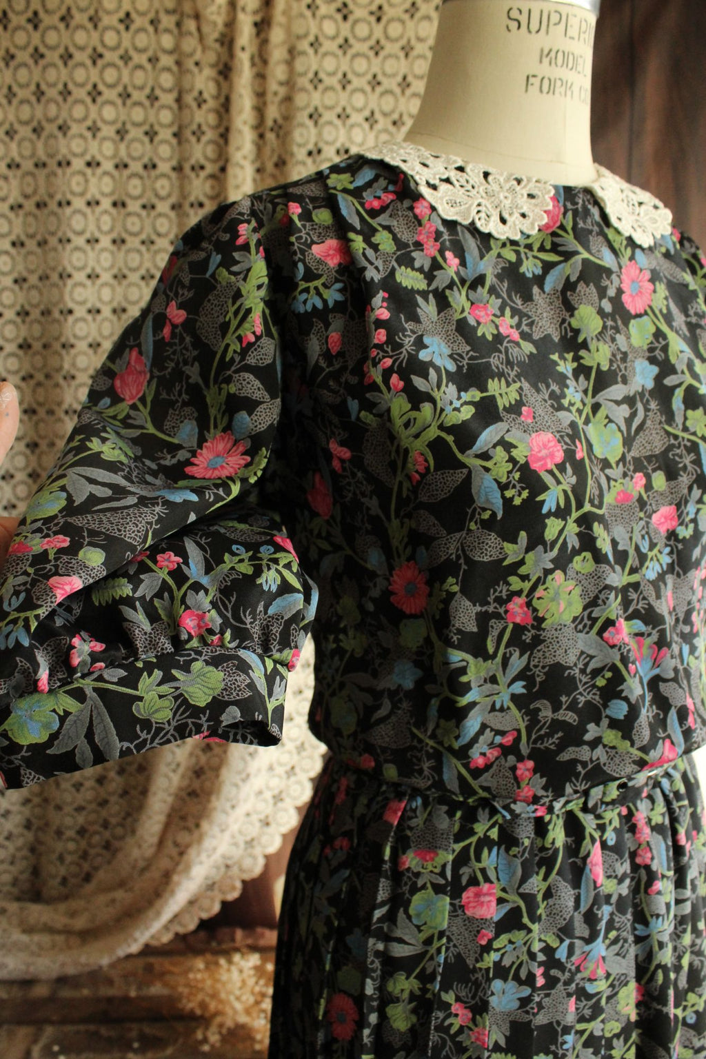 Vintage 1980's Dress with Belt in a Black Floral Print