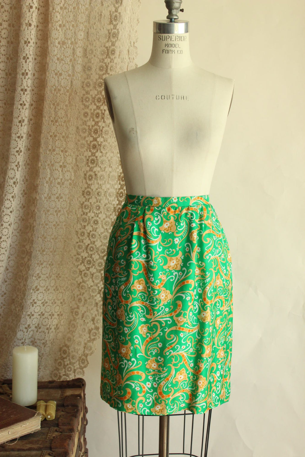 Vintage 1960s Green and Gold Silk Jacket and Skirt Suit