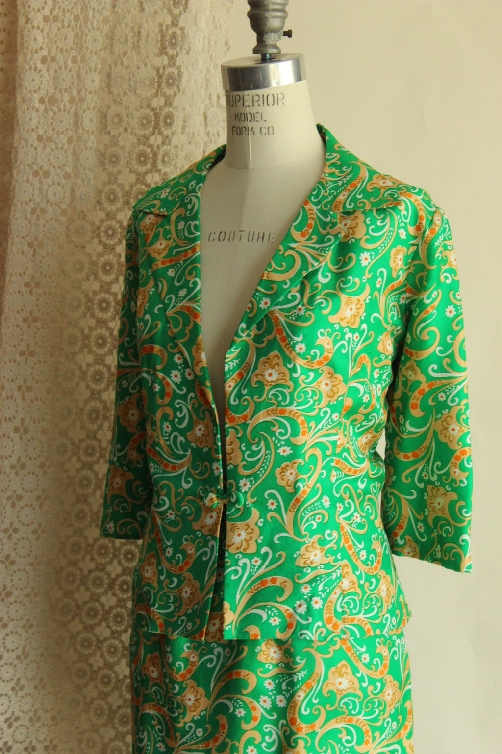 Vintage 1960s Green and Gold Silk Jacket and Skirt Suit