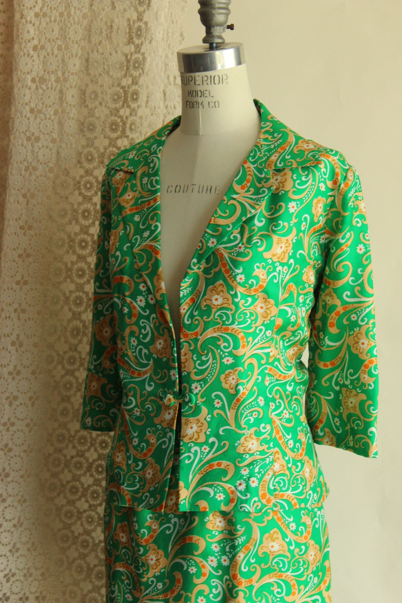 Vintage 1960s Green and Gold Silk Jacket and Skirt Suit