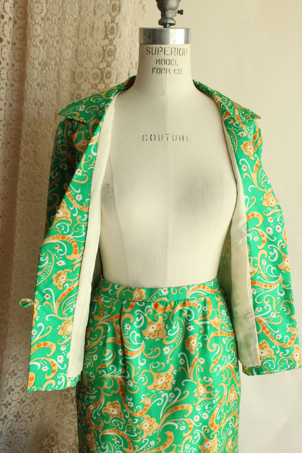 Vintage 1960s Green and Gold Silk Jacket and Skirt Suit