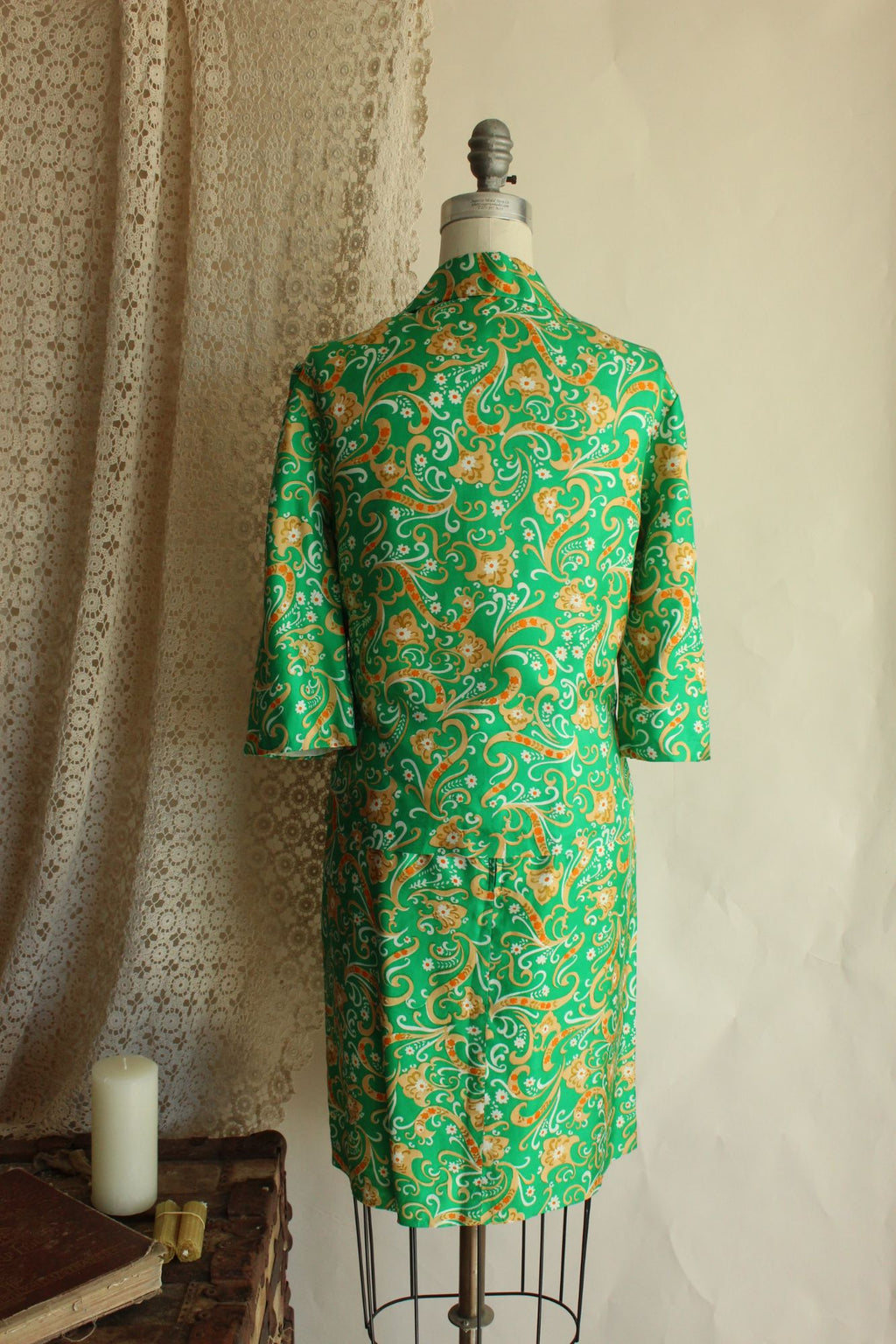 Vintage 1960s Green and Gold Silk Jacket and Skirt Suit