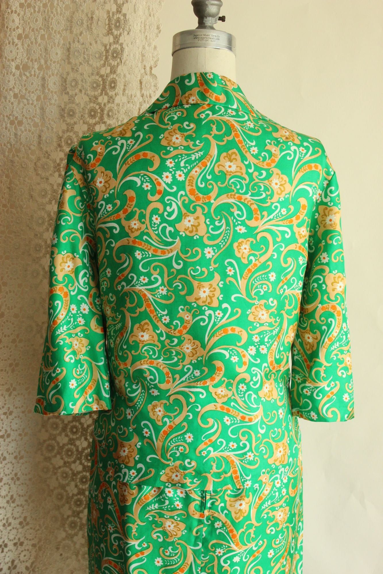 Vintage 1960s Green and Gold Silk Jacket and Skirt Suit