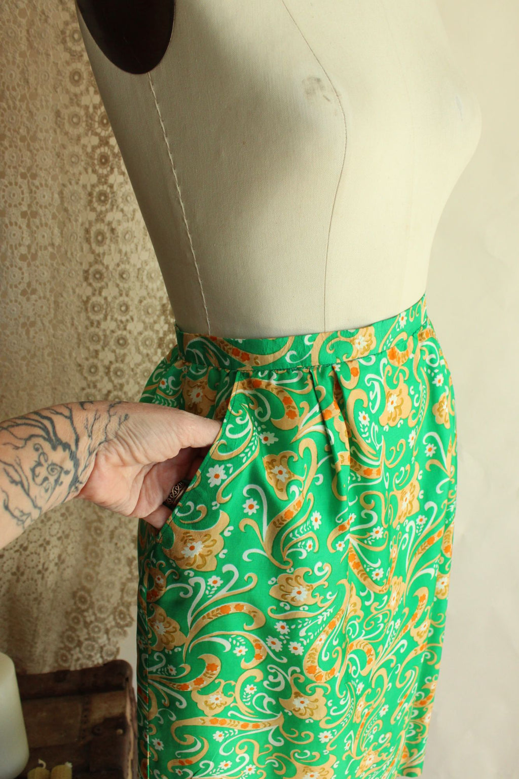 Vintage 1960s Green and Gold Silk Jacket and Skirt Suit