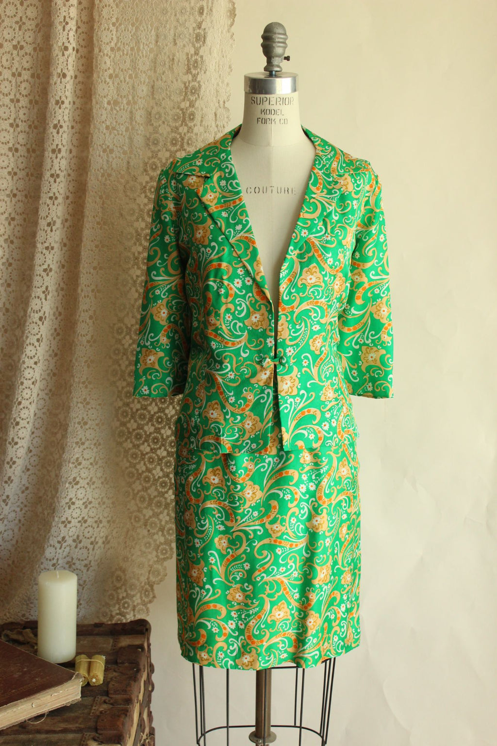 Vintage 1960s Green and Gold Silk Jacket and Skirt Suit