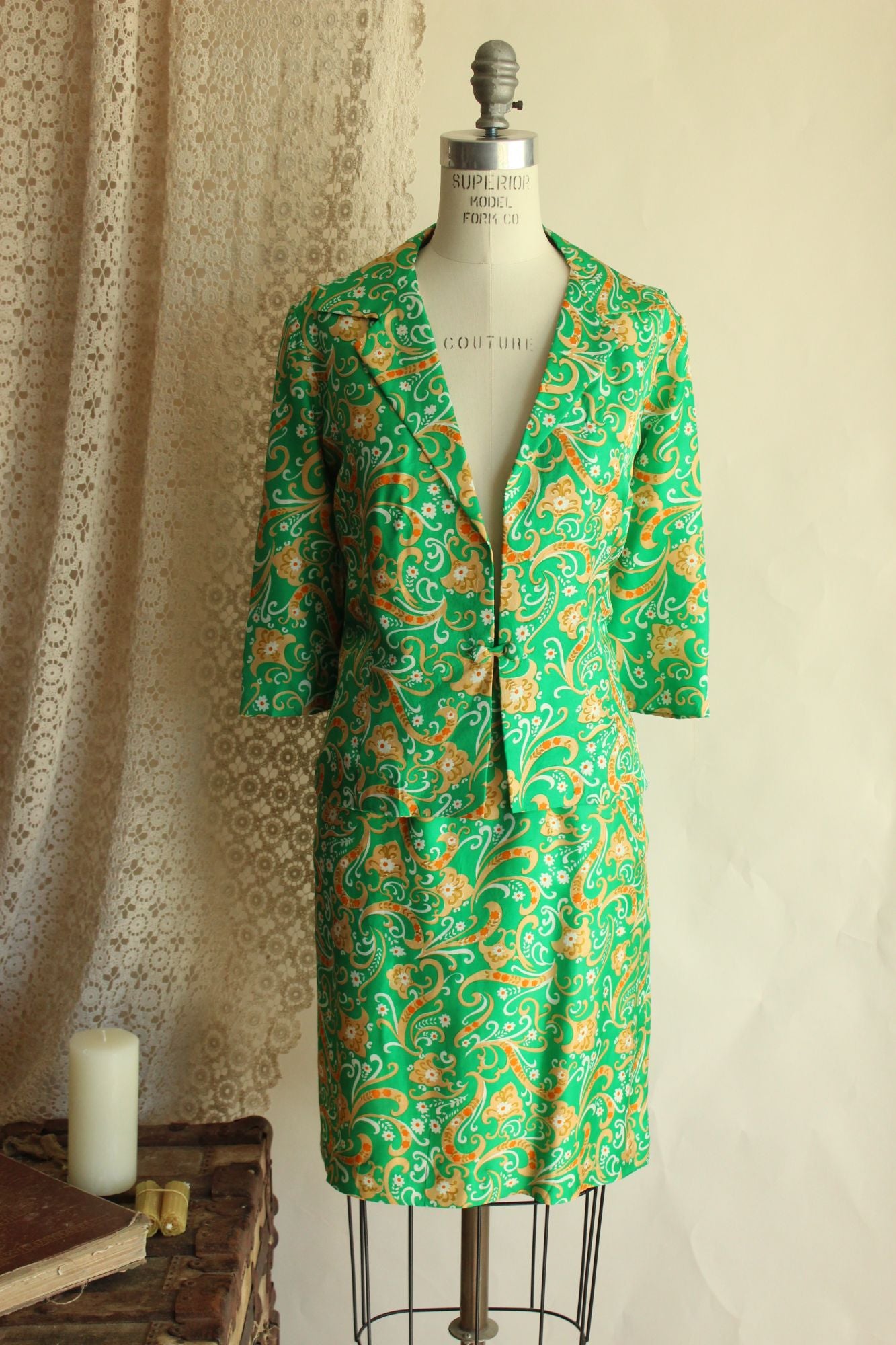 Vintage 1960s Green and Gold Silk Jacket and Skirt Suit