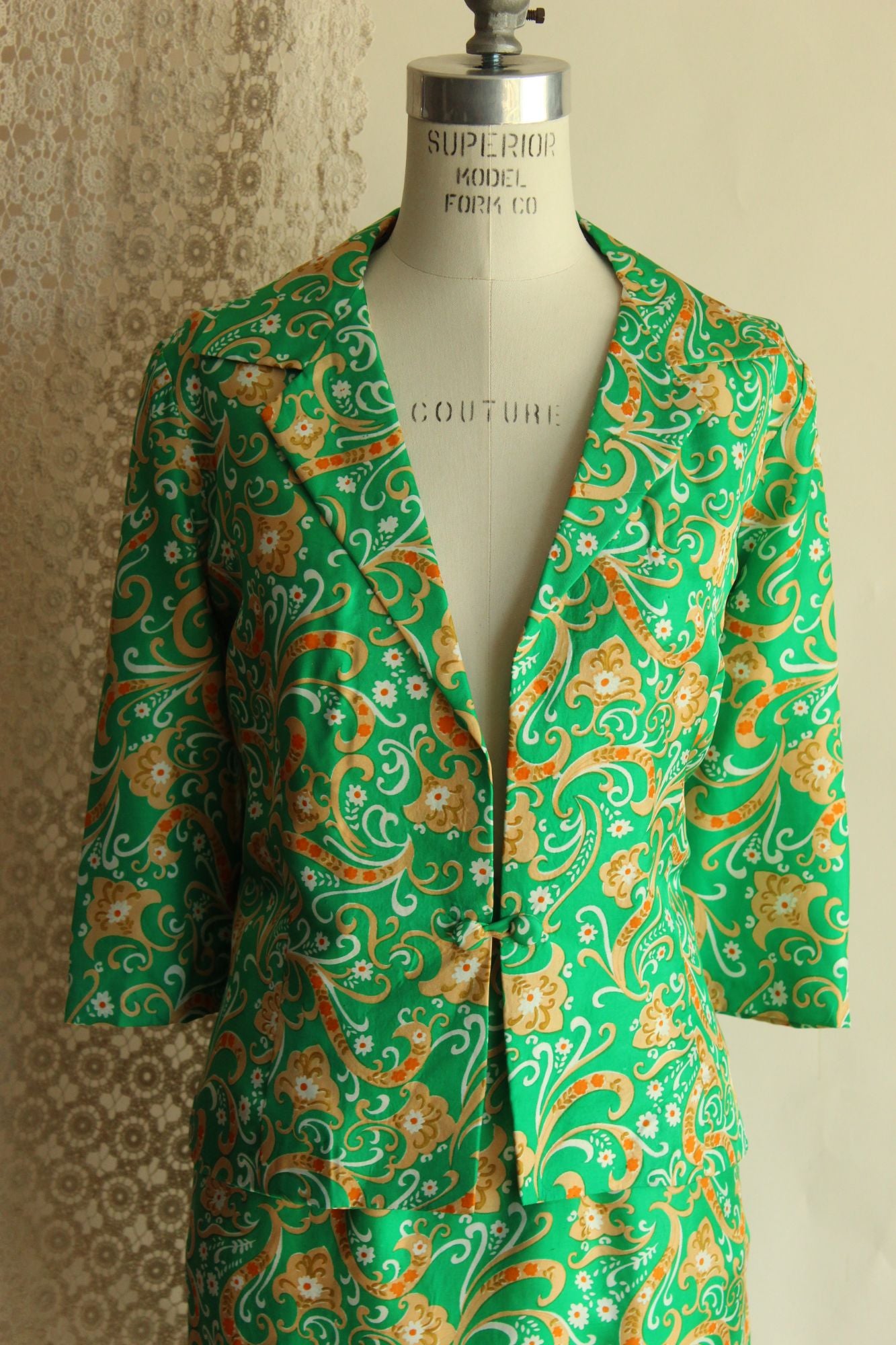 Vintage 1960s Green and Gold Silk Jacket and Skirt Suit