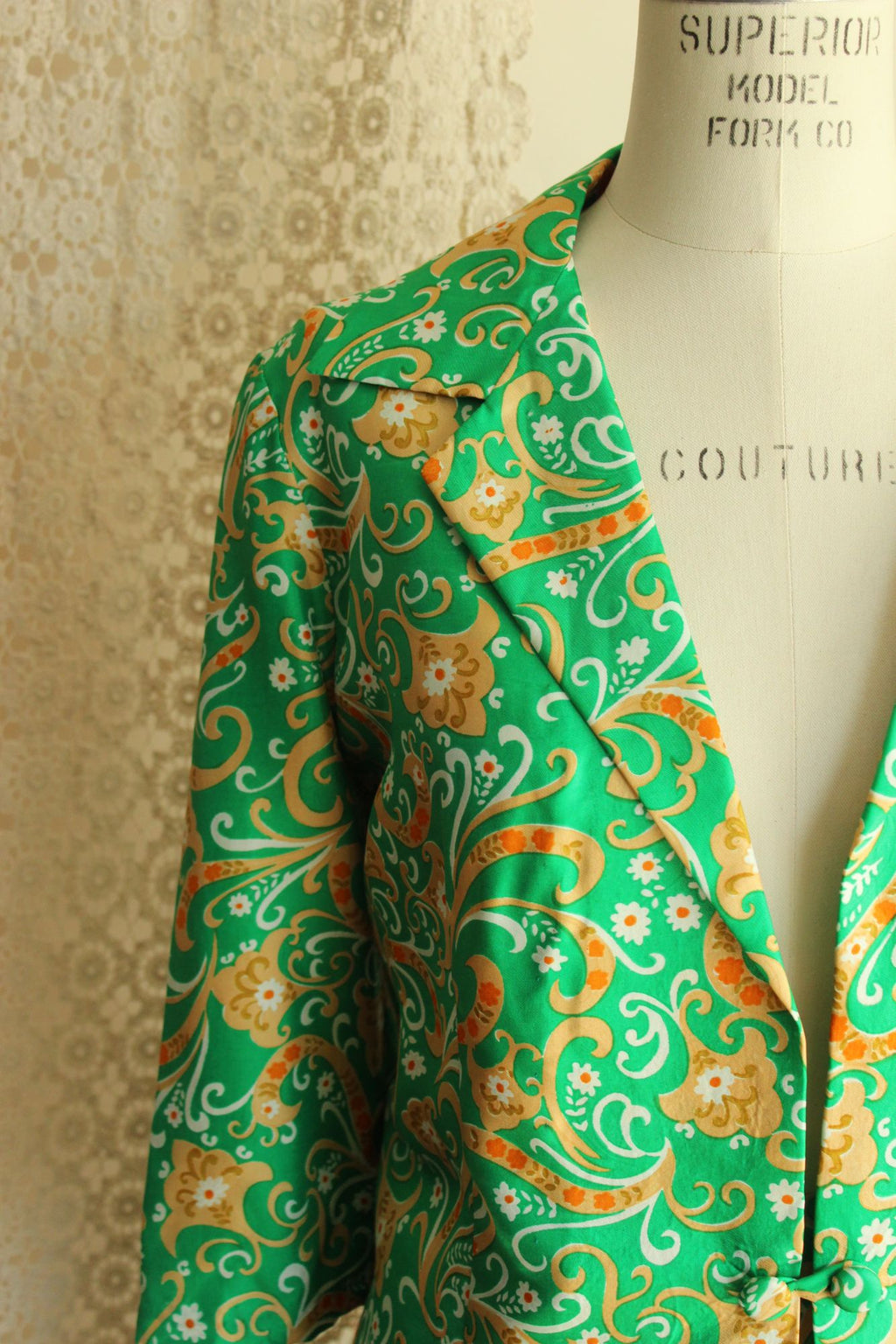 Vintage 1960s Green and Gold Silk Jacket and Skirt Suit