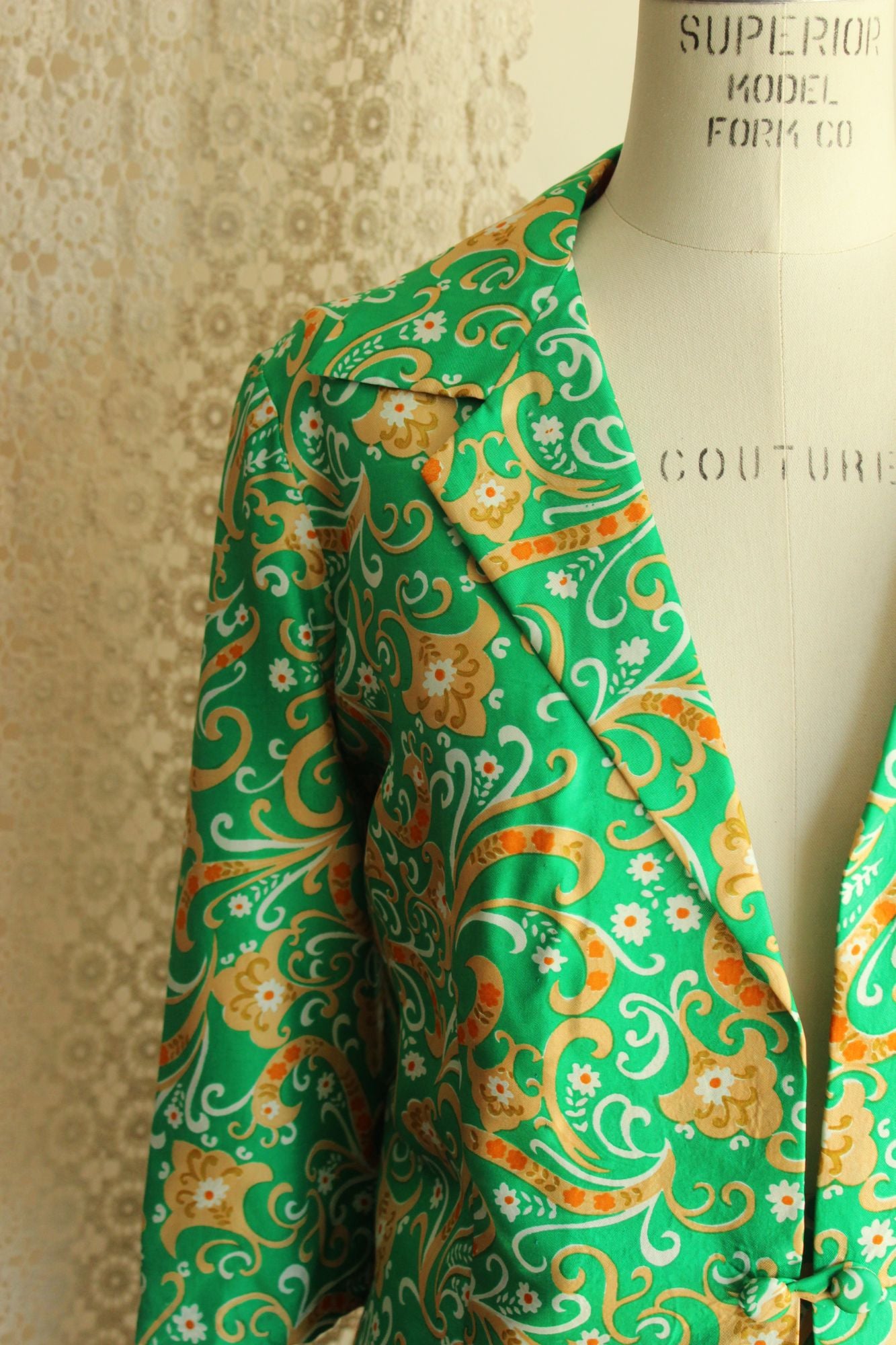 Vintage 1960s Green and Gold Silk Jacket and Skirt Suit