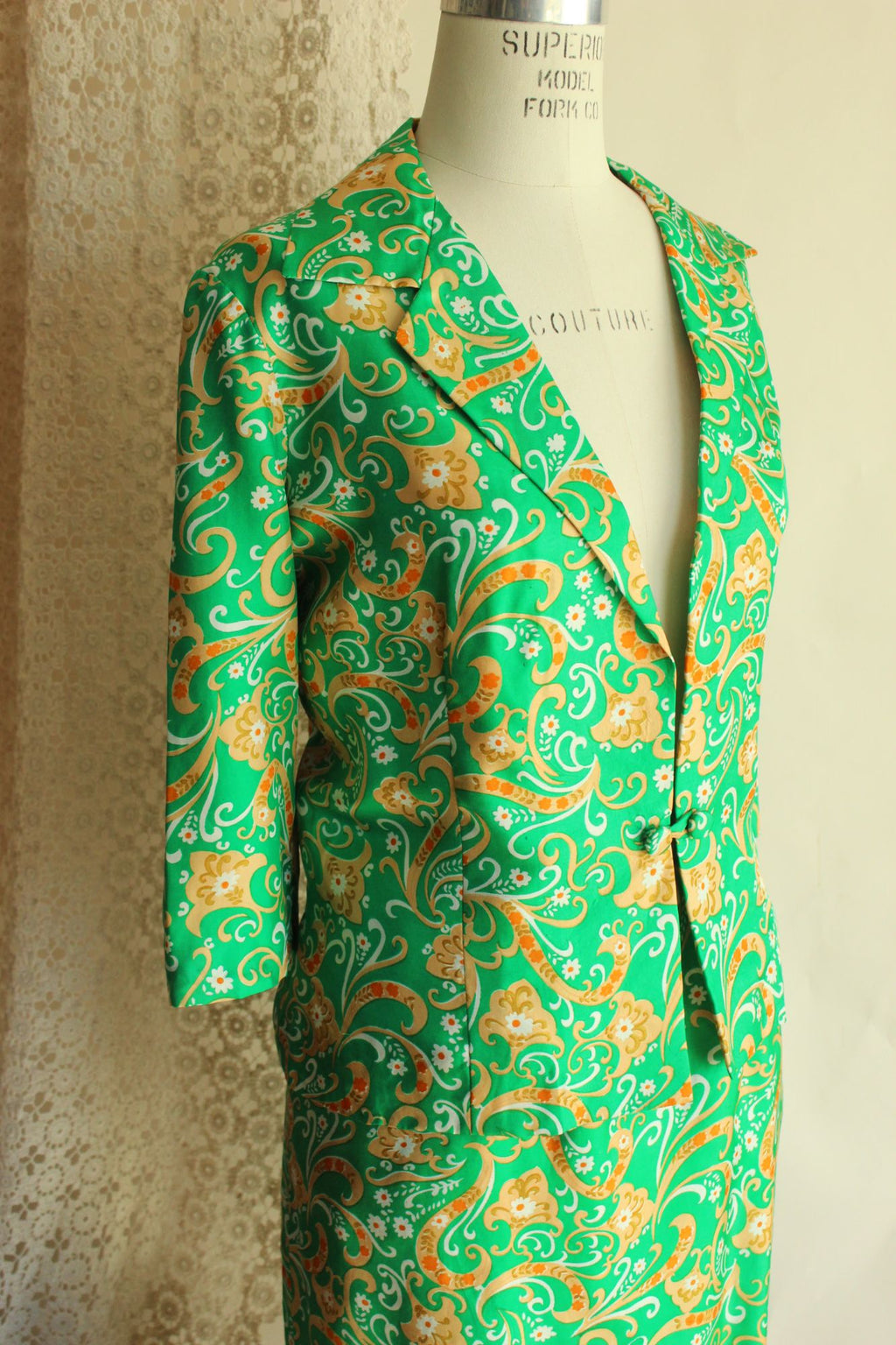 Vintage 1960s Green and Gold Silk Jacket and Skirt Suit