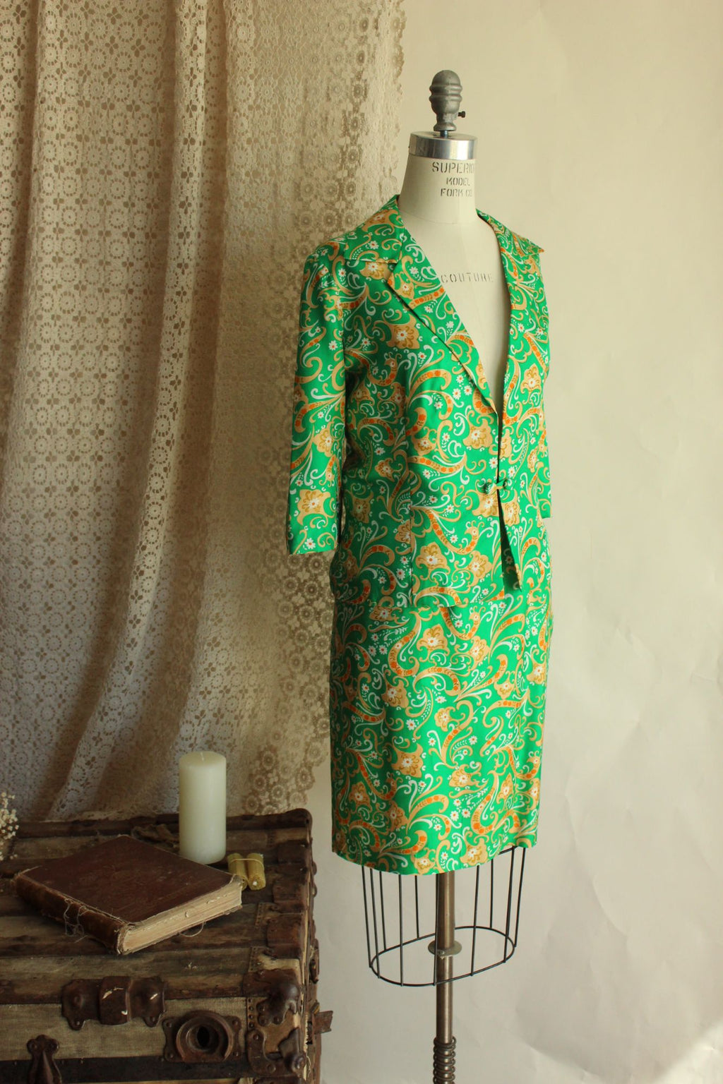 Vintage 1960s Green and Gold Silk Jacket and Skirt Suit