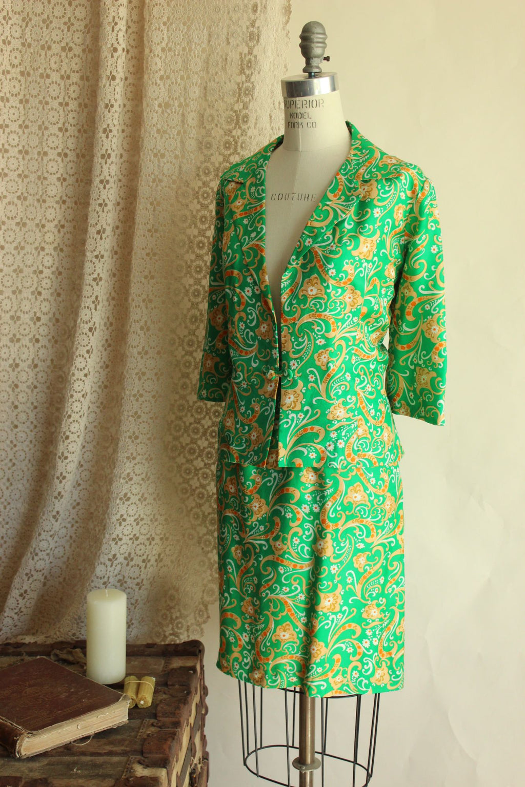 Vintage 1960s Green and Gold Silk Jacket and Skirt Suit
