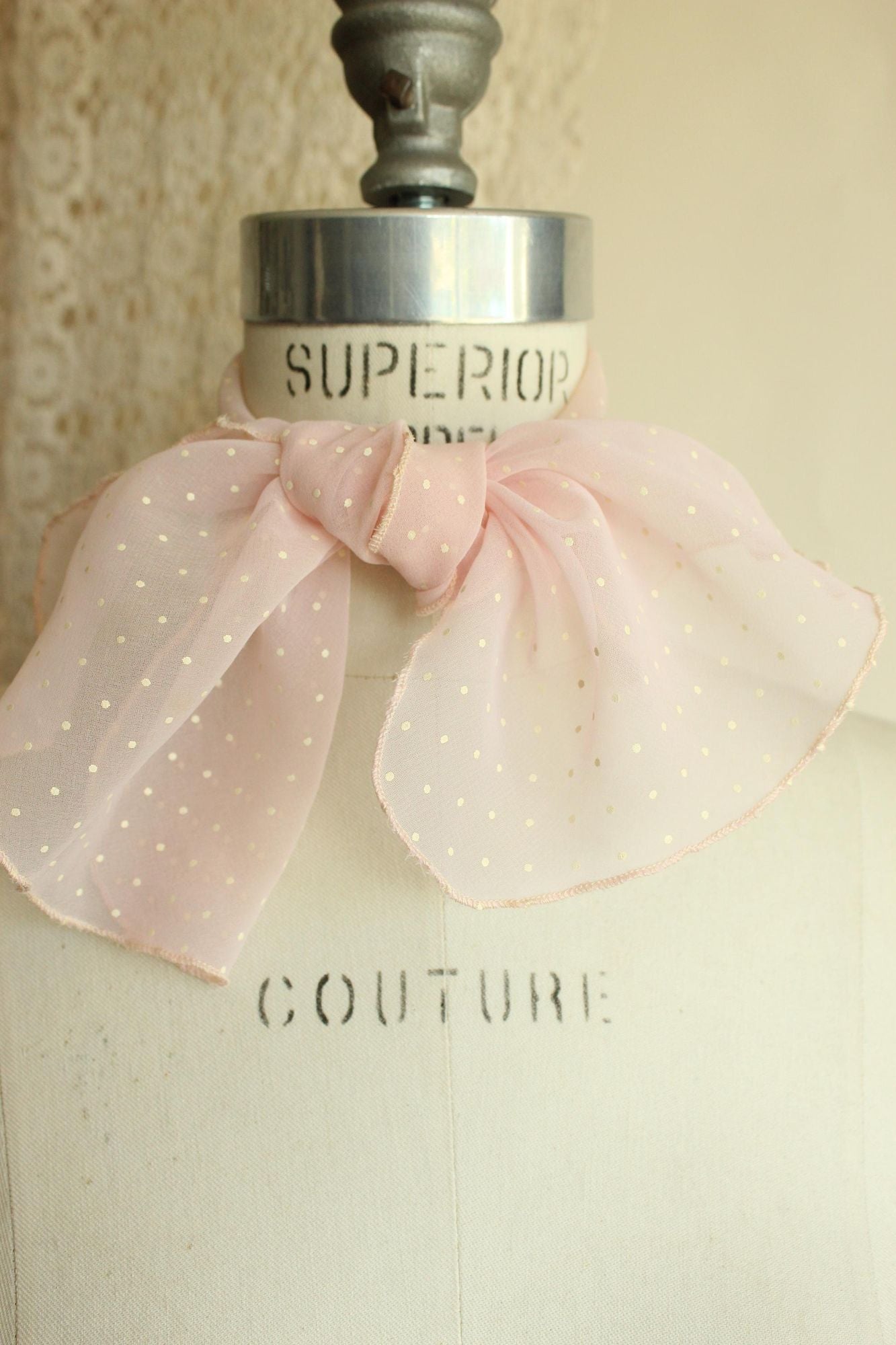 Vintage 1950s 1960s Pink and White Polka Dot  Scarf