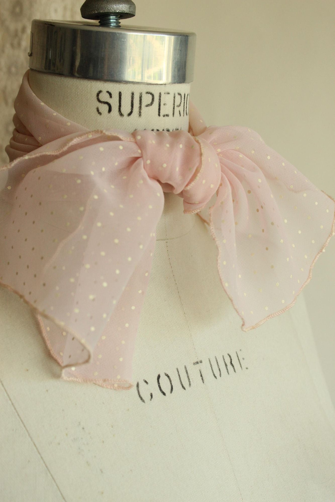 Vintage 1950s 1960s Pink and White Polka Dot  Scarf