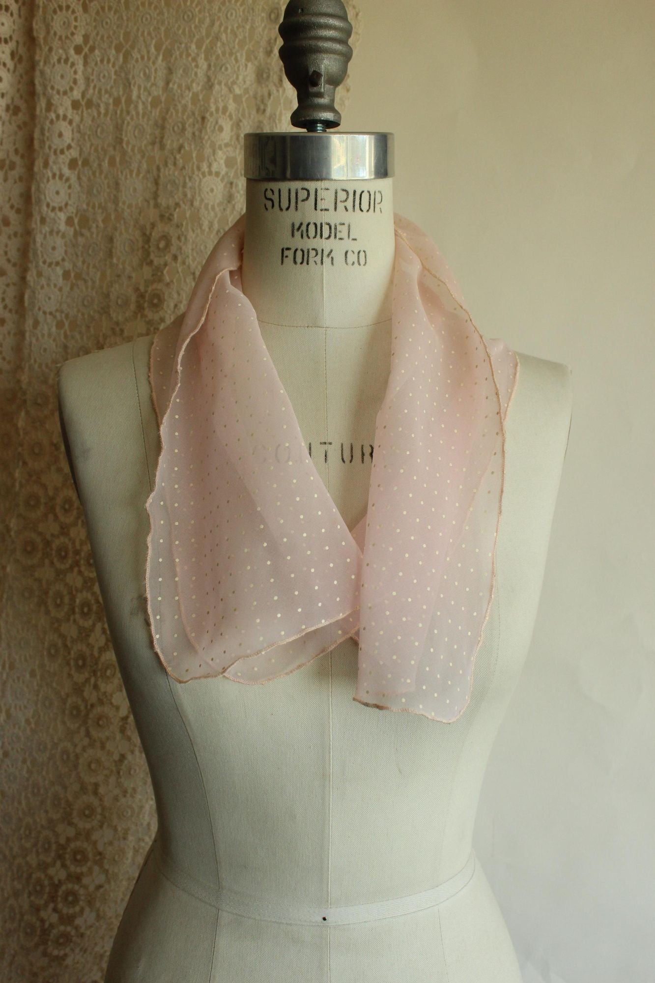 Vintage 1950s 1960s Pink and White Polka Dot  Scarf