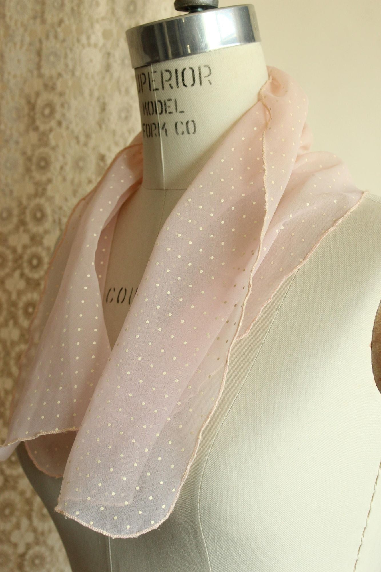 Vintage 1950s 1960s Pink and White Polka Dot  Scarf