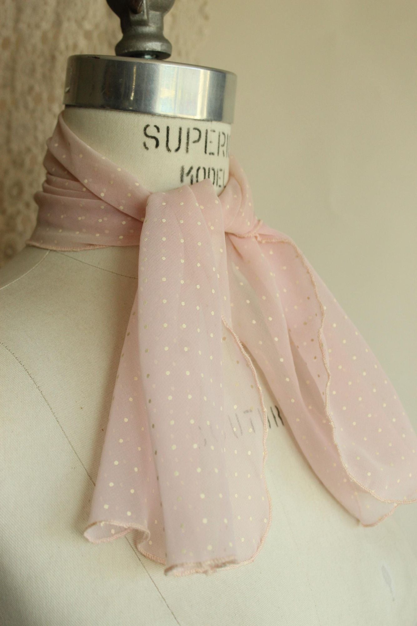 Vintage 1950s 1960s Pink and White Polka Dot  Scarf