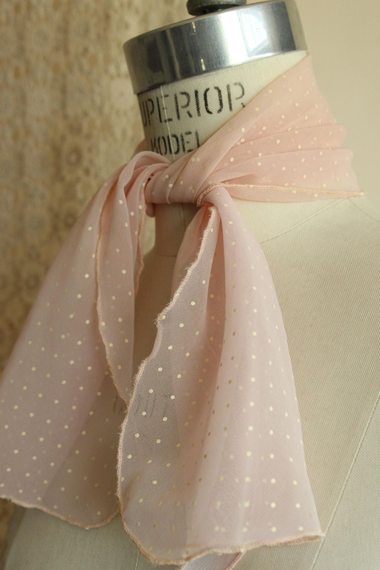 Vintage 1950s 1960s Pink and White Polka Dot  Scarf