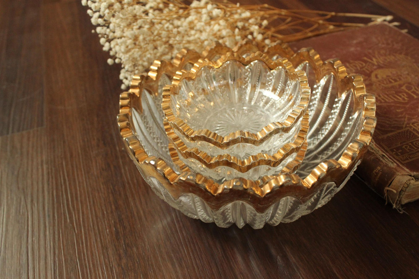 Vintage 1940s Cut Glass Fruit Bowl and Three Berry Bowls