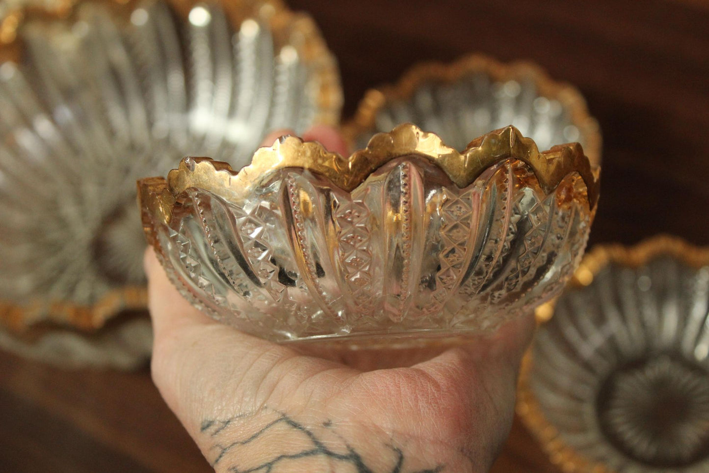 Vintage 1940s Cut Glass Fruit Bowl and Three Berry Bowls