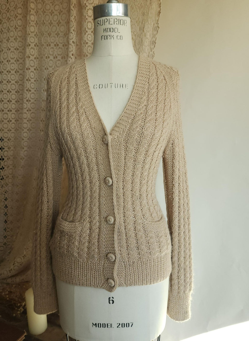Vintage 1970s Norm Thompson Alpaca Wool Cable Knit Beige Cardigan