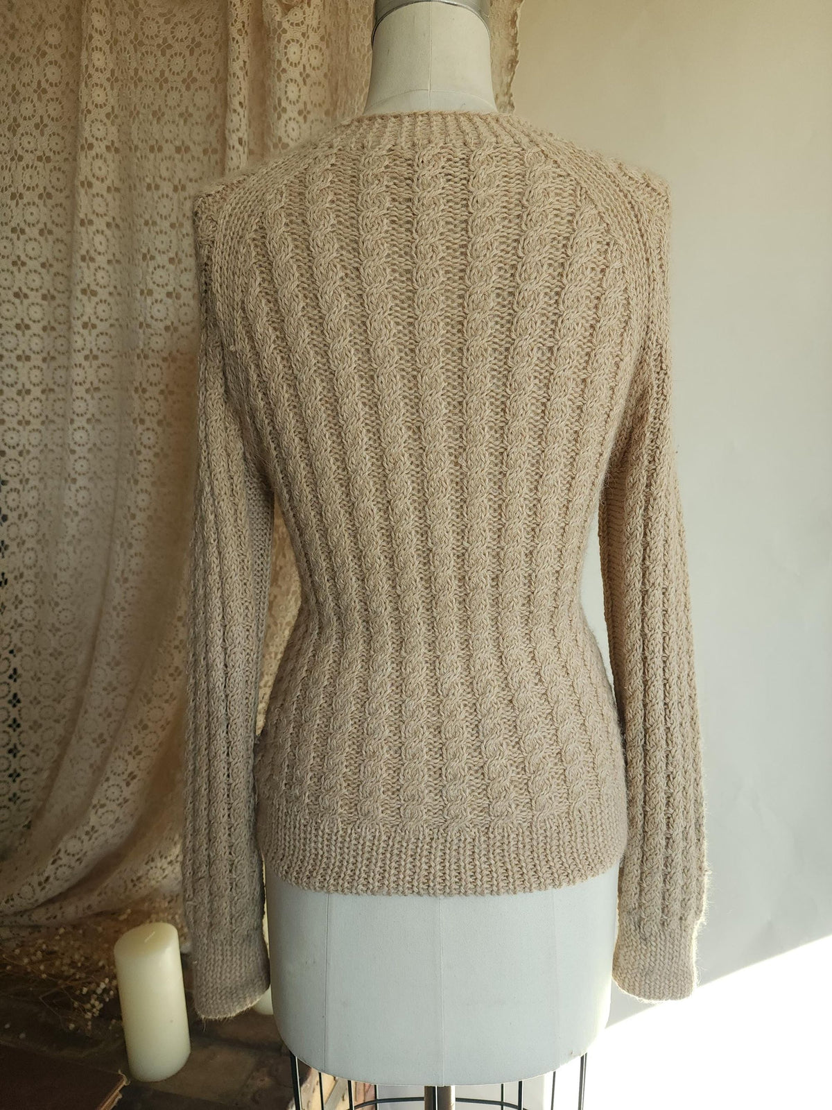 Vintage 1970s Norm Thompson Alpaca Wool Cable Knit Beige Cardigan
