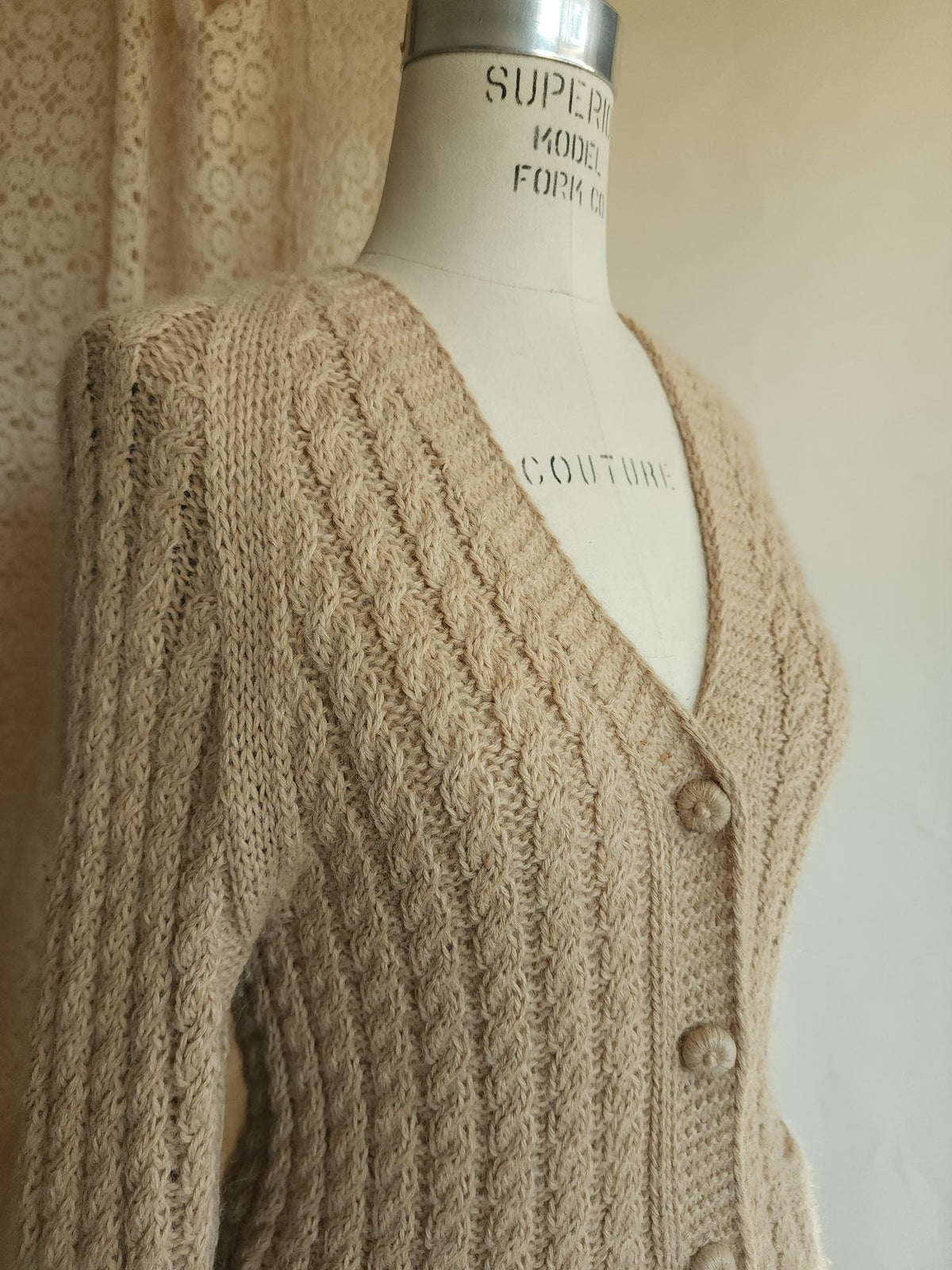 Vintage 1970s Norm Thompson Alpaca Wool Cable Knit Beige Cardigan