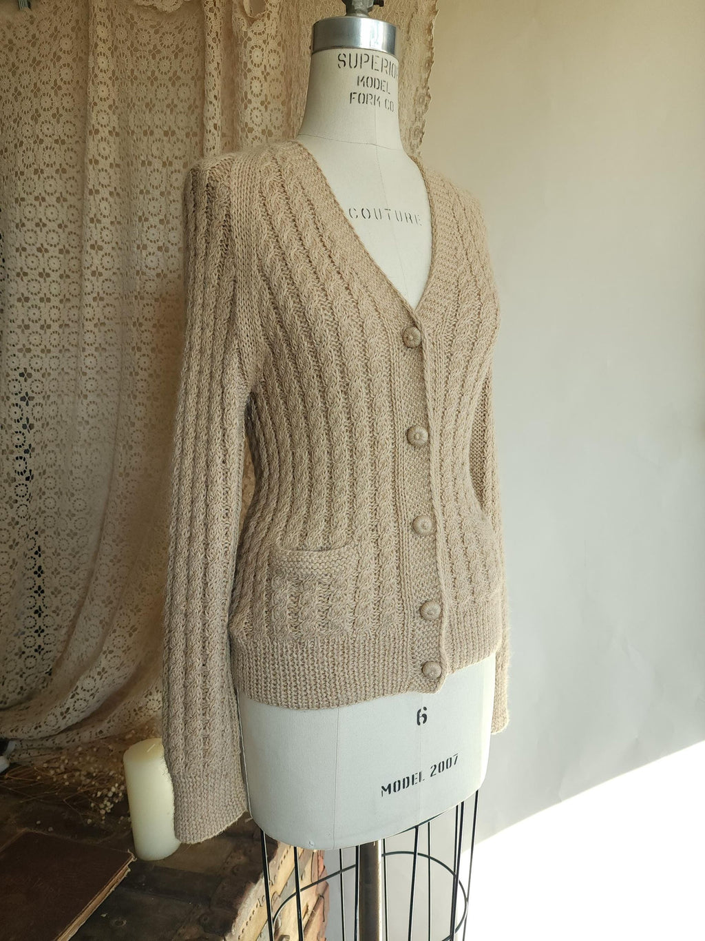 Vintage 1970s Norm Thompson Alpaca Wool Cable Knit Beige Cardigan