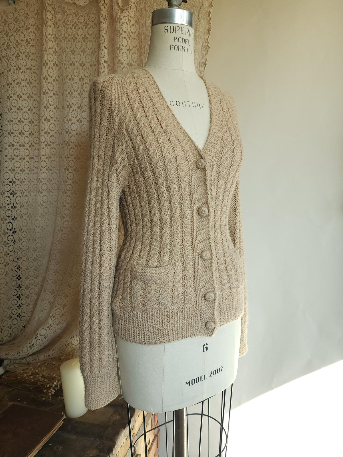 Vintage 1970s Norm Thompson Alpaca Wool Cable Knit Beige Cardigan