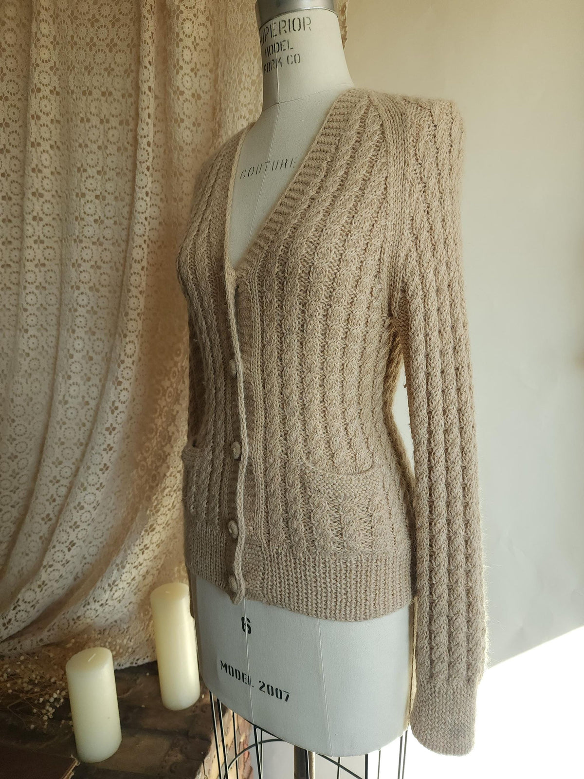 Vintage 1970s Norm Thompson Alpaca Wool Cable Knit Beige Cardigan