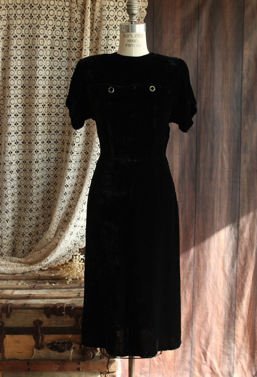 Vintage 1940s Black Velvet Dress with Rhinestone Details