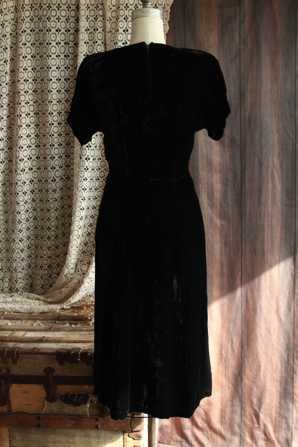 Vintage 1940s Black Velvet Dress with Rhinestone Details