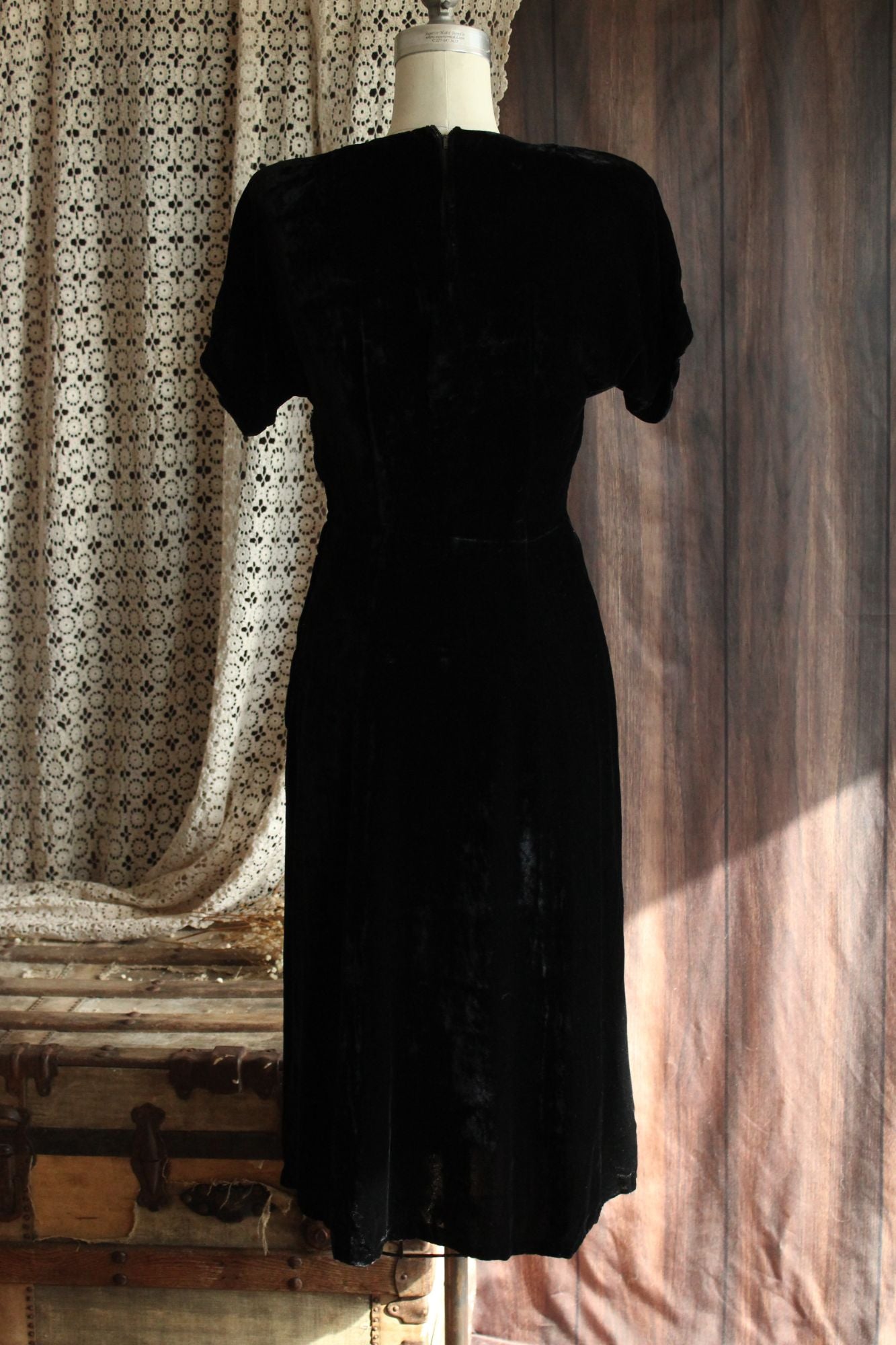 Vintage 1940s Black Velvet Dress with Rhinestone Details