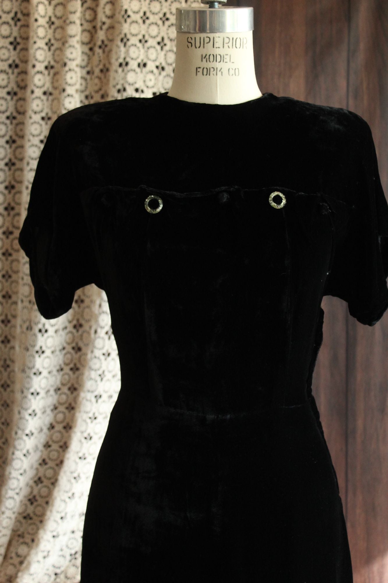 Vintage 1940s Black Velvet Dress with Rhinestone Details