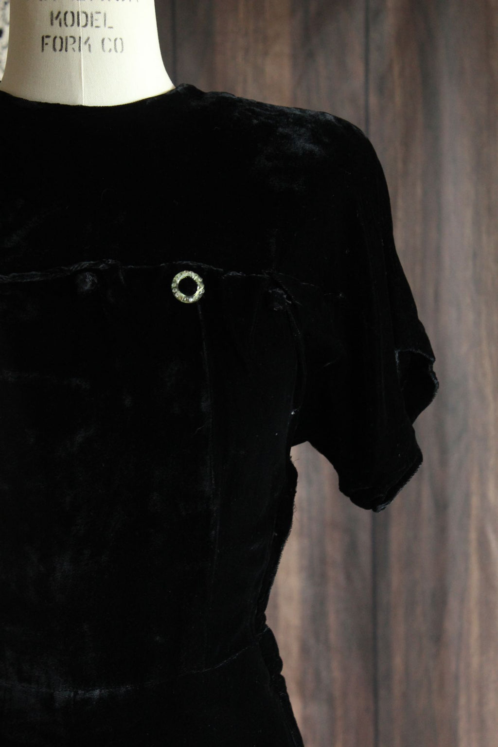 Vintage 1940s Black Velvet Dress with Rhinestone Details