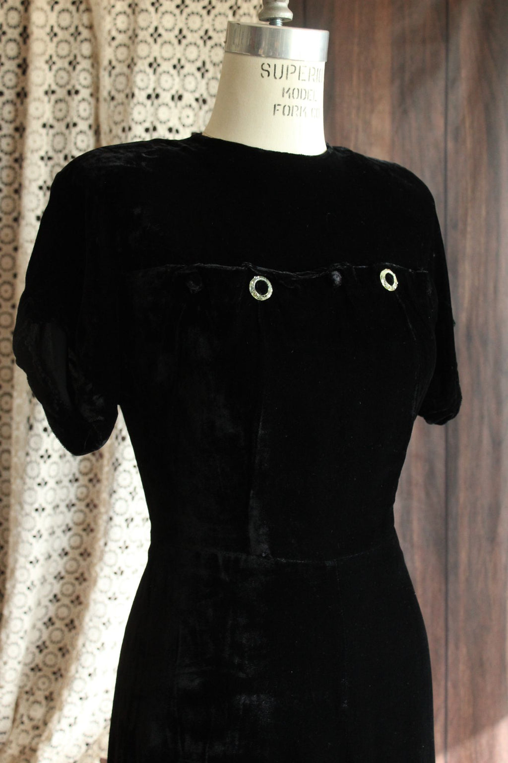 Vintage 1940s Black Velvet Dress with Rhinestone Details