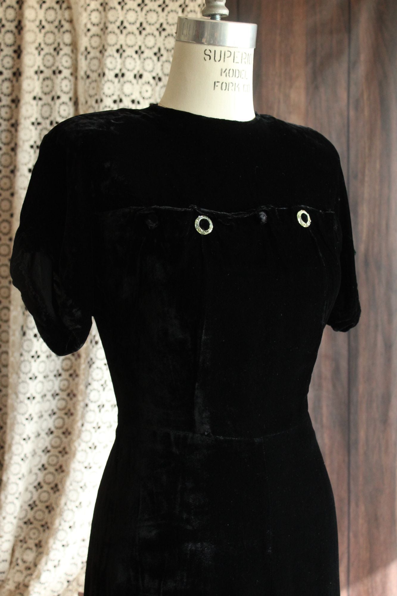 Vintage 1940s Black Velvet Dress with Rhinestone Details