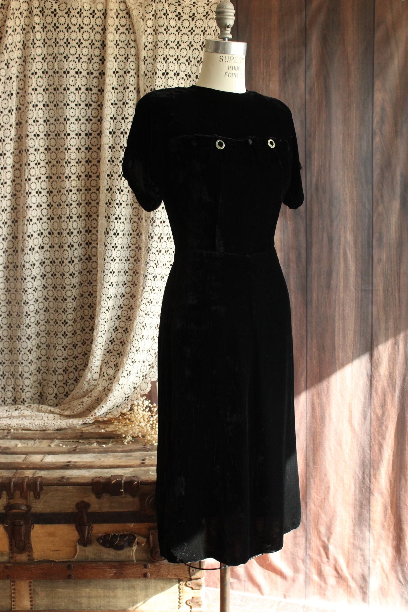 Vintage 1940s Black Velvet Dress with Rhinestone Details