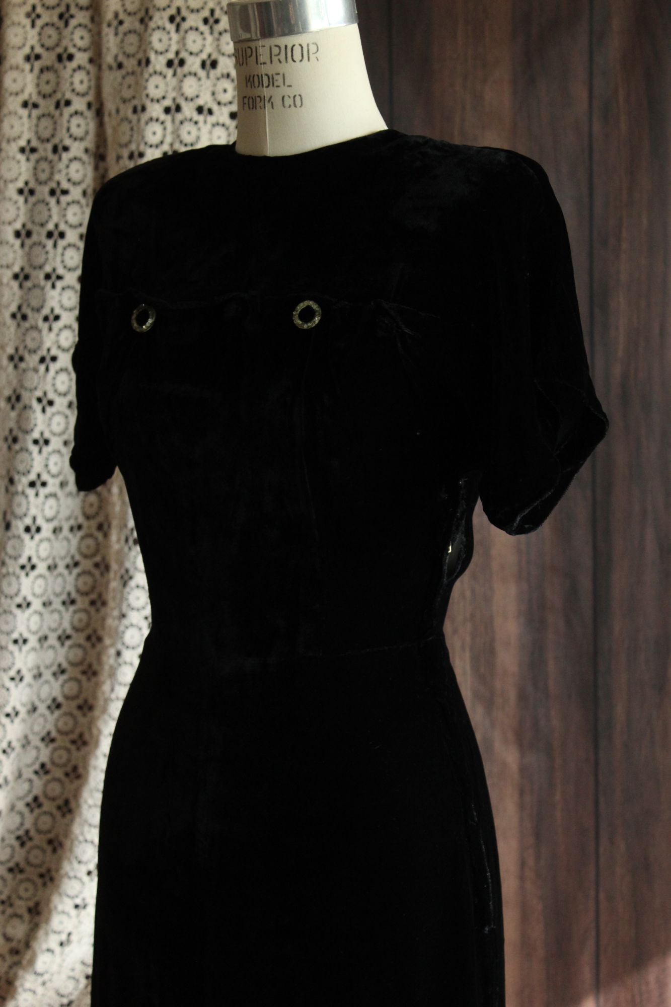 Vintage 1940s Black Velvet Dress with Rhinestone Details