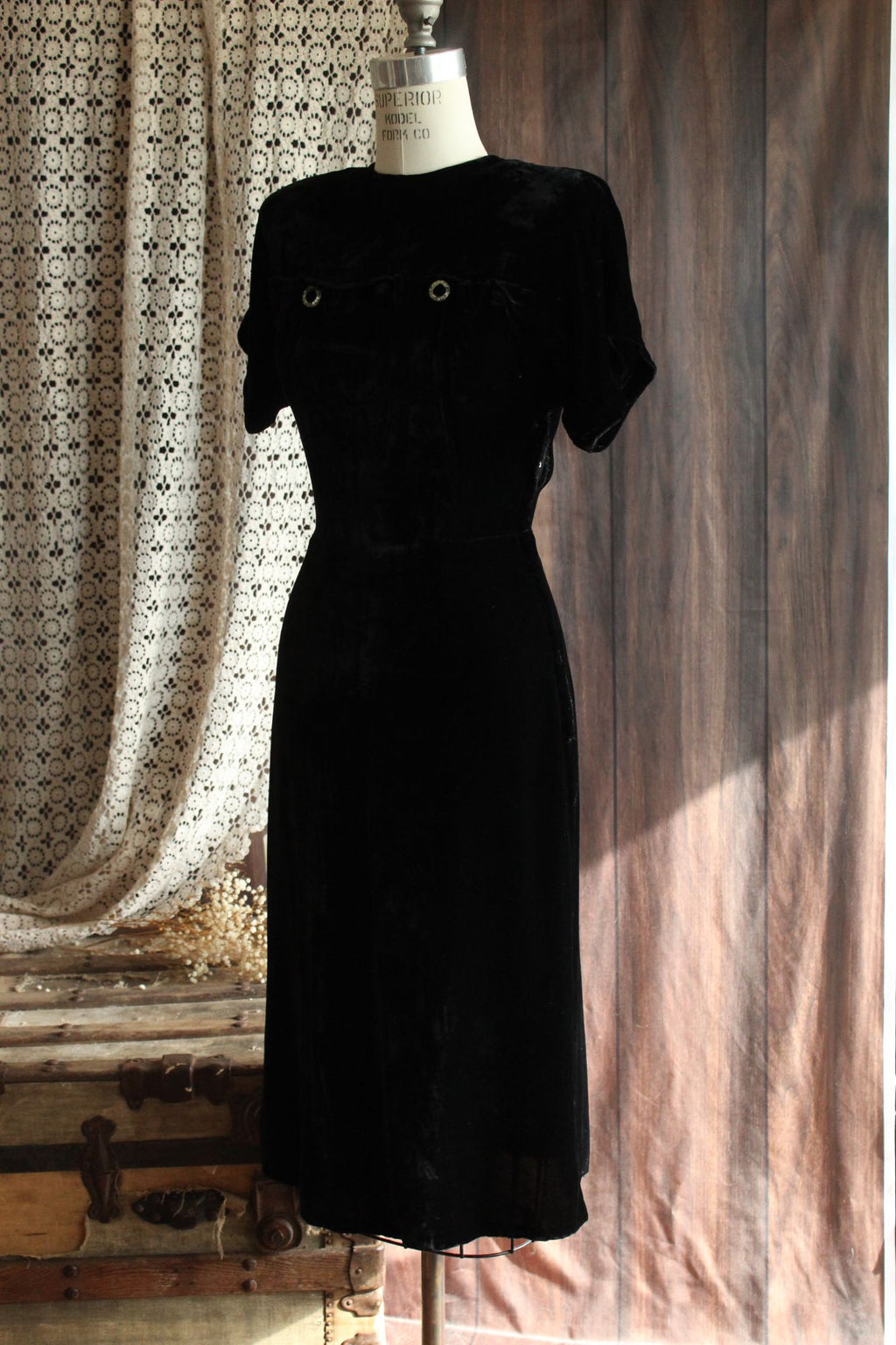 Vintage 1940s Black Velvet Dress with Rhinestone Details