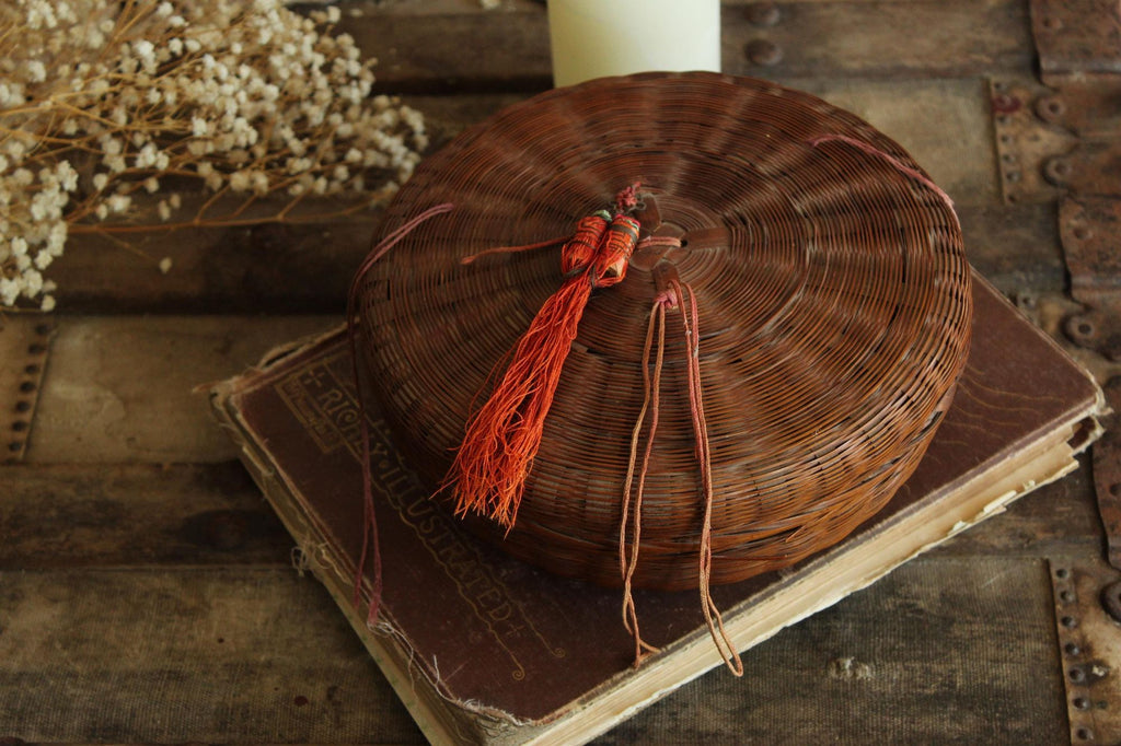 Vintage 1900s Chinese Woven Wicker Sewing Basket
