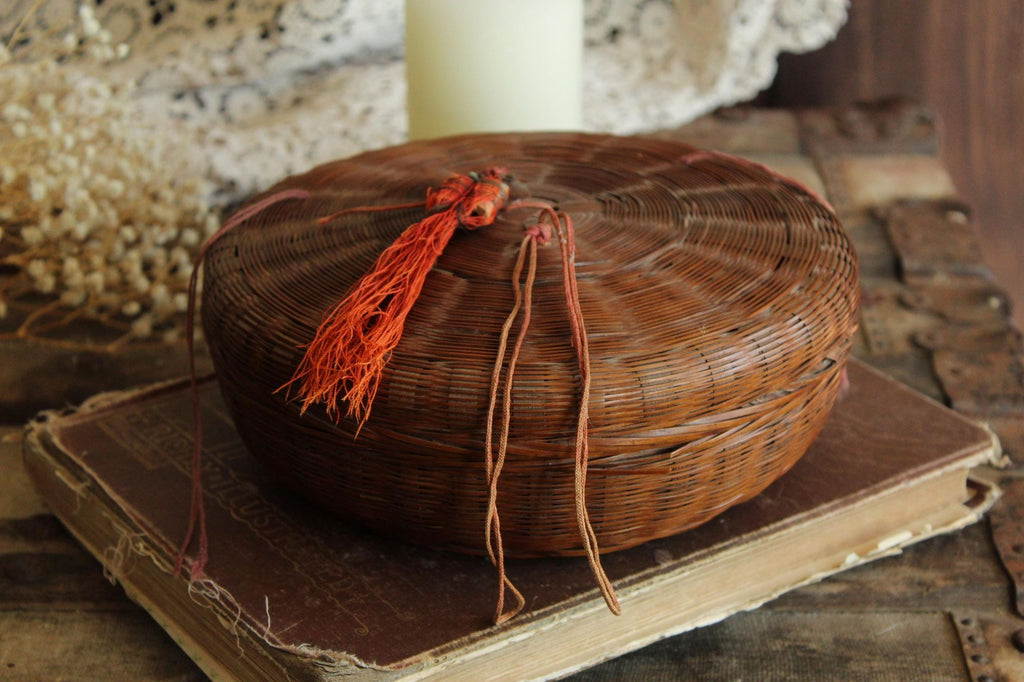 Vintage 1900s Chinese Woven Wicker Sewing Basket
