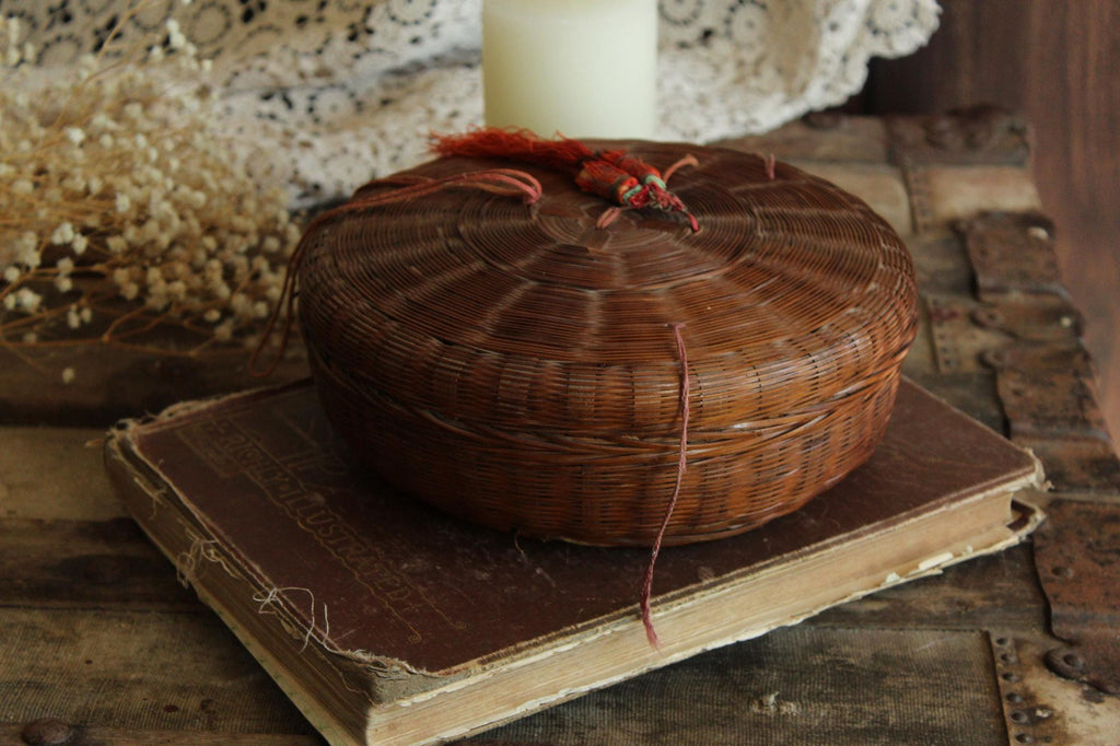 Vintage 1900s Chinese Woven Wicker Sewing Basket