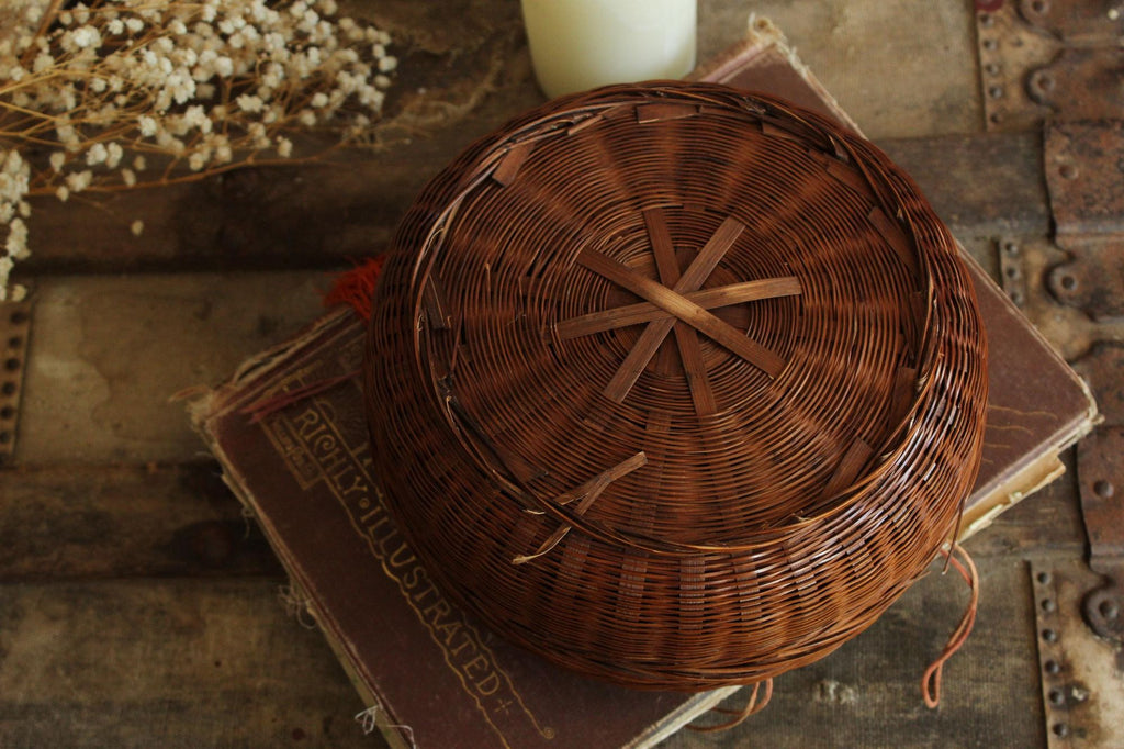 Vintage 1900s Chinese Woven Wicker Sewing Basket