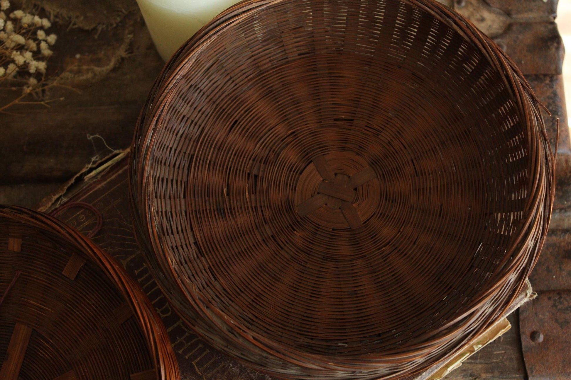 Vintage 1900s Chinese Woven Wicker Sewing Basket