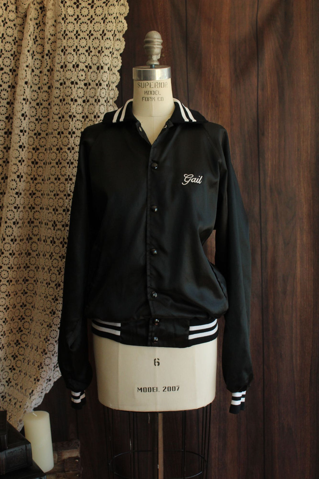 Vintage 1970s 1980s Unisex Black Satin Fishing Team Bomber Jacket