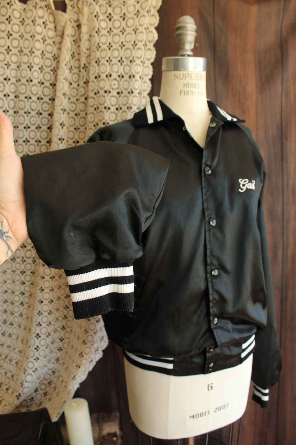 Vintage 1970s 1980s Unisex Black Satin Fishing Team Bomber Jacket